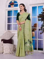 Giya Whipped Pista Muga Cotton Jamdani Saree With Contrast Blouse